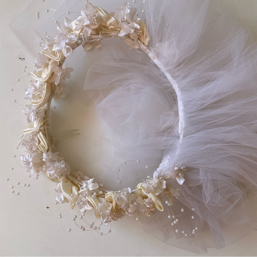 Vintage cream satin floral wedding headband veil